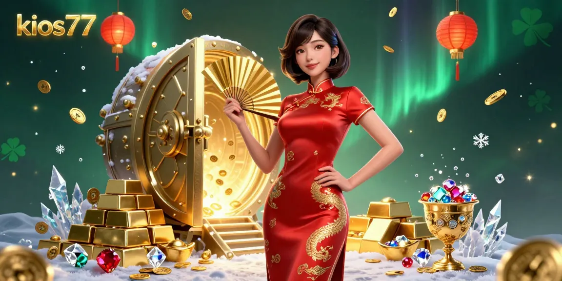 Kios77 showcases a radiant Asian woman in a vibrant qipao amidst a dazzling casino scene.