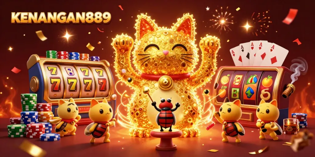 Experience the thrill of KENANGAN889 with vibrant slots and a lucky cat illustration.