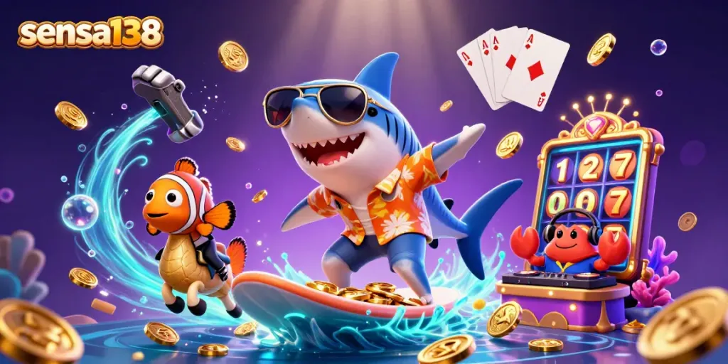 Sensa138 players spin the reels with excitement at the vibrant casino scene featuring a shark and clownfish.
