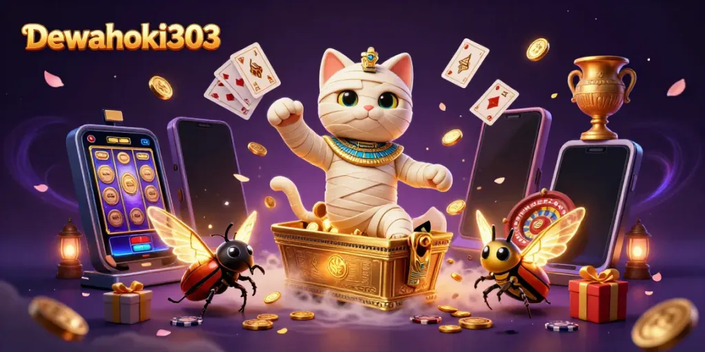Dewahoki303 menghadirkan ilustrasi kasino online menarik dengan mumi kucing Mesir dan elemen permainan slot yang menggugah semangat.