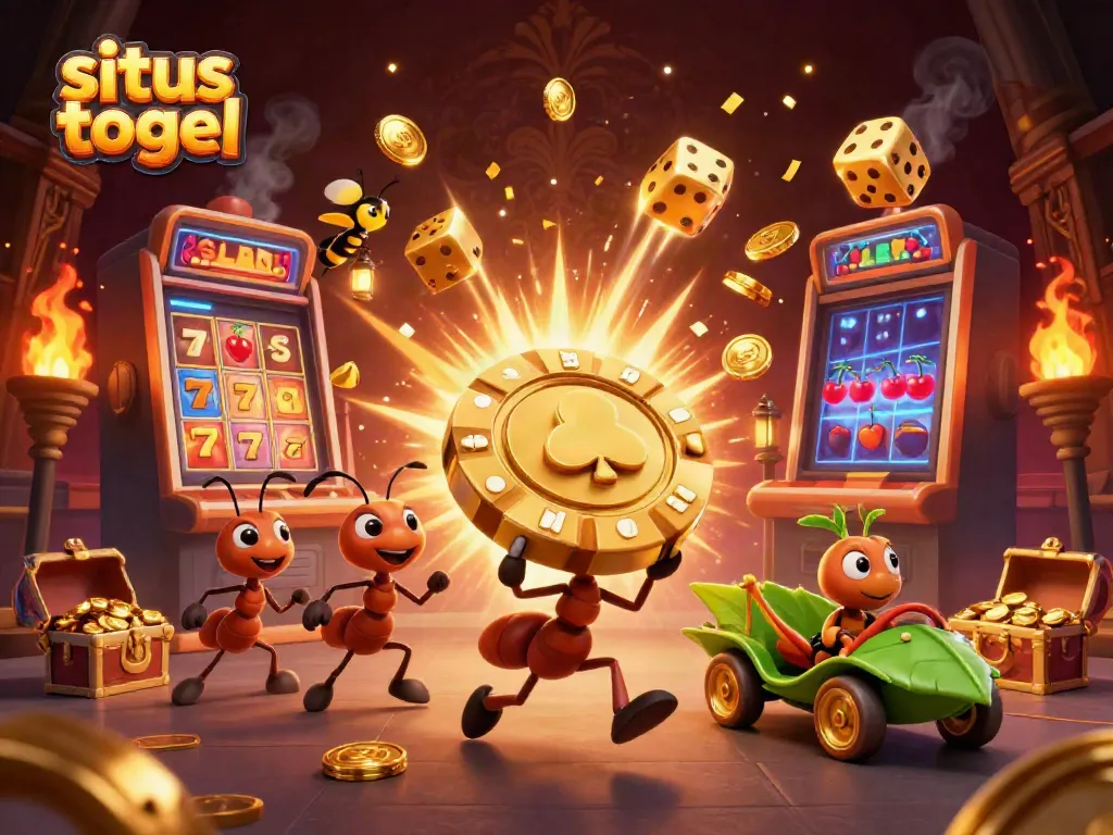 Experience thrilling excitement with situs togel as ants heist a giant poker chip amidst casino chaos.