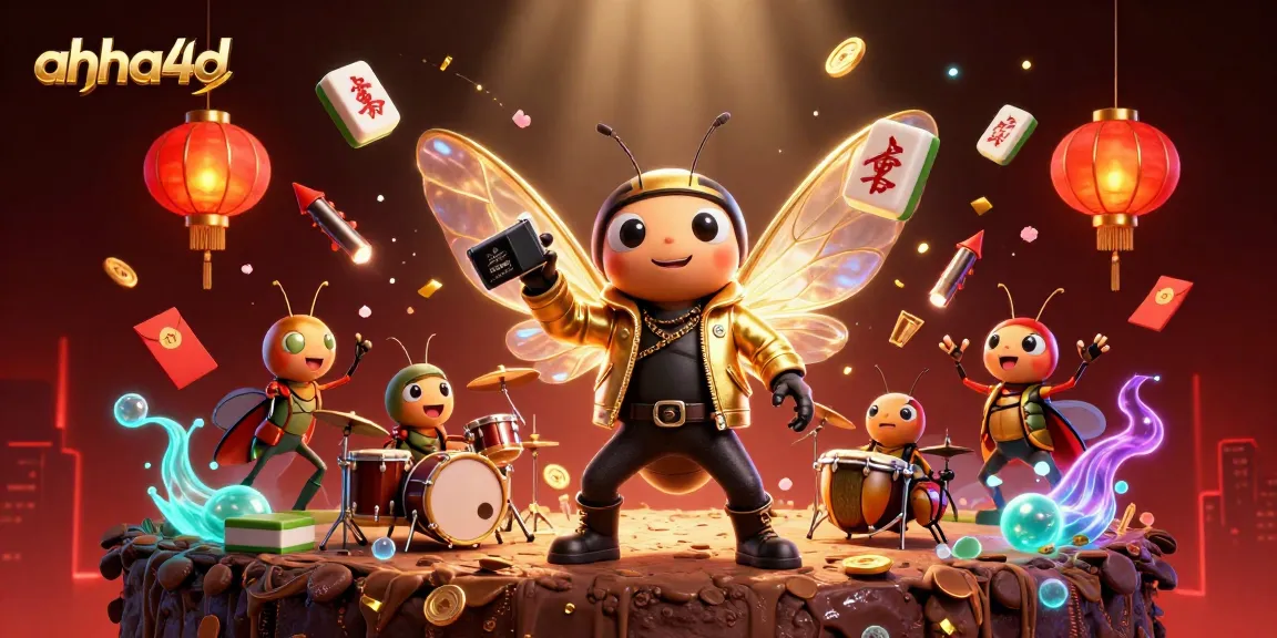 Engage with ahha4d's vibrant online casino scene featuring a rock star in a golden jacket, crickets, and rich decorations.