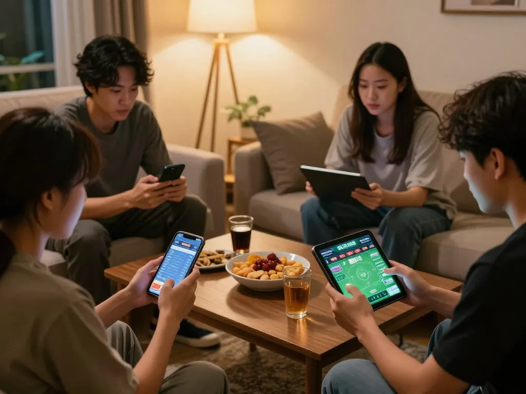 Friends enjoying an online sports betting session on SIS4D from their cozy living room