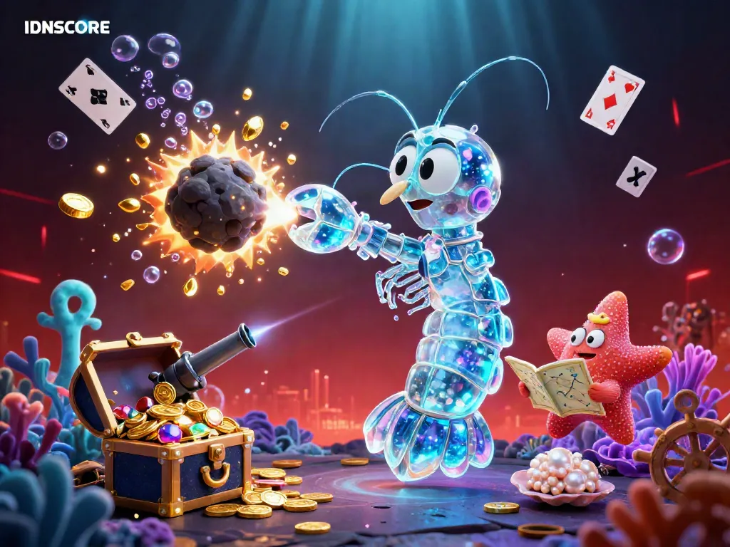 Engage with the thrilling IDNSCORE experience featuring a galactic samurai mantis shrimp in action amidst colorful gems and coins.