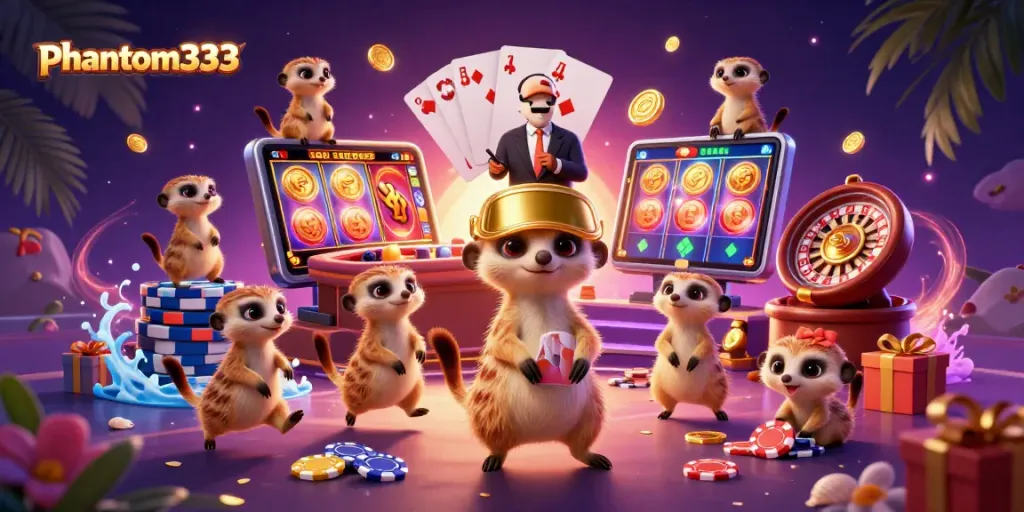 Experience thrilling gaming excitement with phantom333 in a vibrant meerkat casino scene.