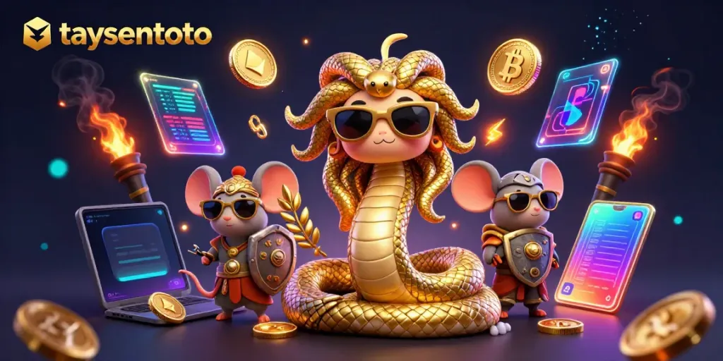 Experience fun betting with taysentoto in a vibrant casino scene featuring Medusa and a warrior mouse.