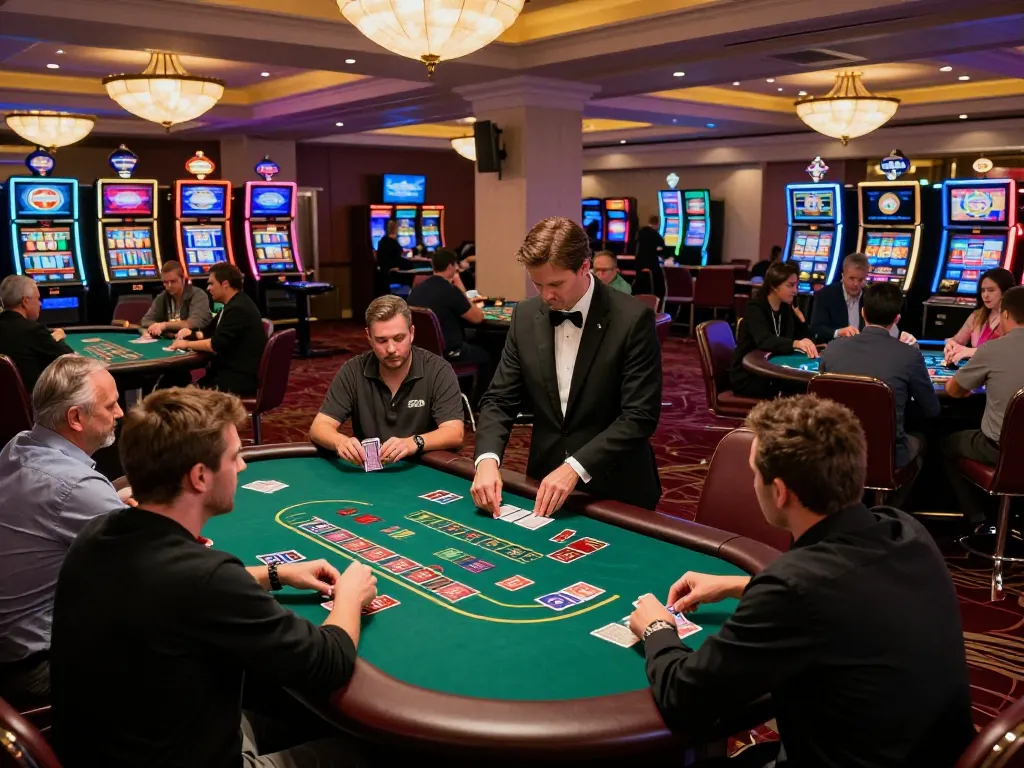 IDNSCORE RESMI at an exciting blackjack table with players engaged in strategic gameplay, showcasing the vibrant casino atmosphere.