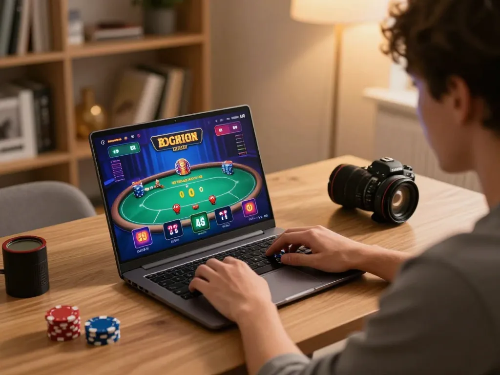 Person engaging with jangkar55 casino app on laptop, showcasing an immersive online gaming experience.