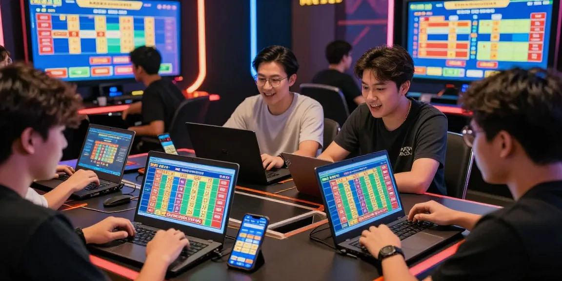 Permainan togel online dengan para pemain beragam yang bersemangat, menunjukkan akses situs togel online melalui perangkat digital.