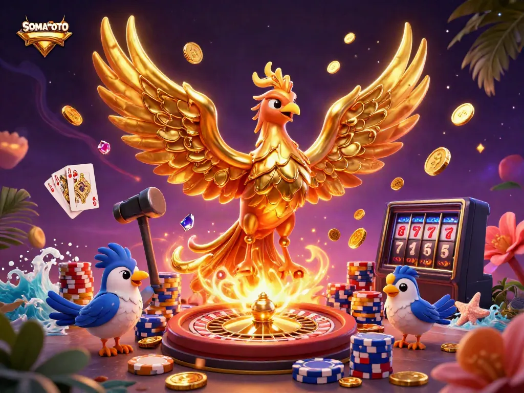 SOMATOTO showcases a golden phoenix surrounded by coins, cards, and casino elements, illustrating an online gambling atmosphere.