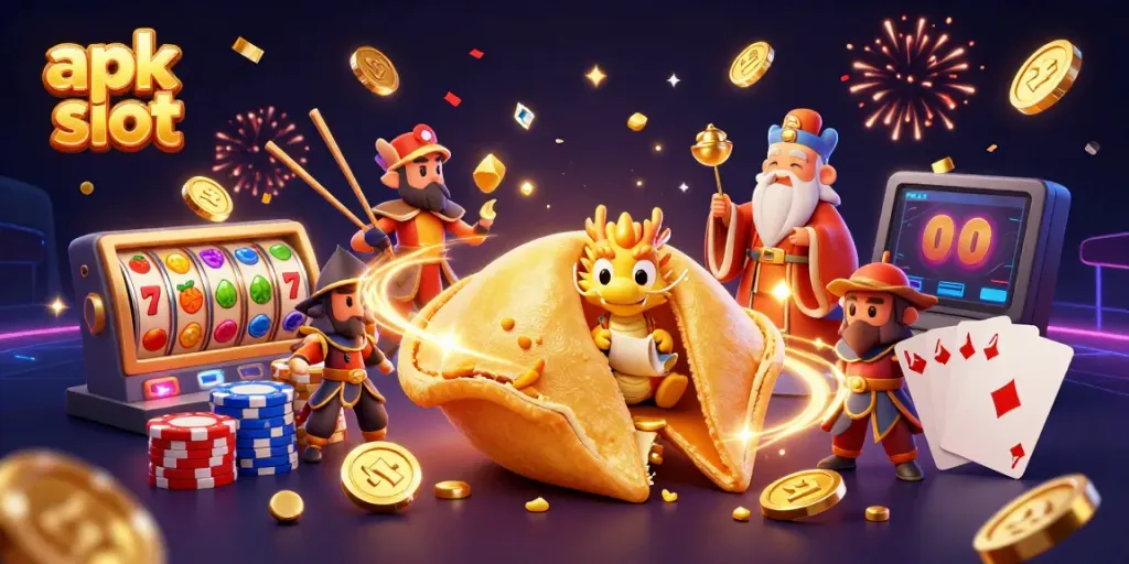 Mengguncang apk slot dengan harta berlimpah, simbol keberuntungan, dan karakter ajaib bertindak di kasino virtual.