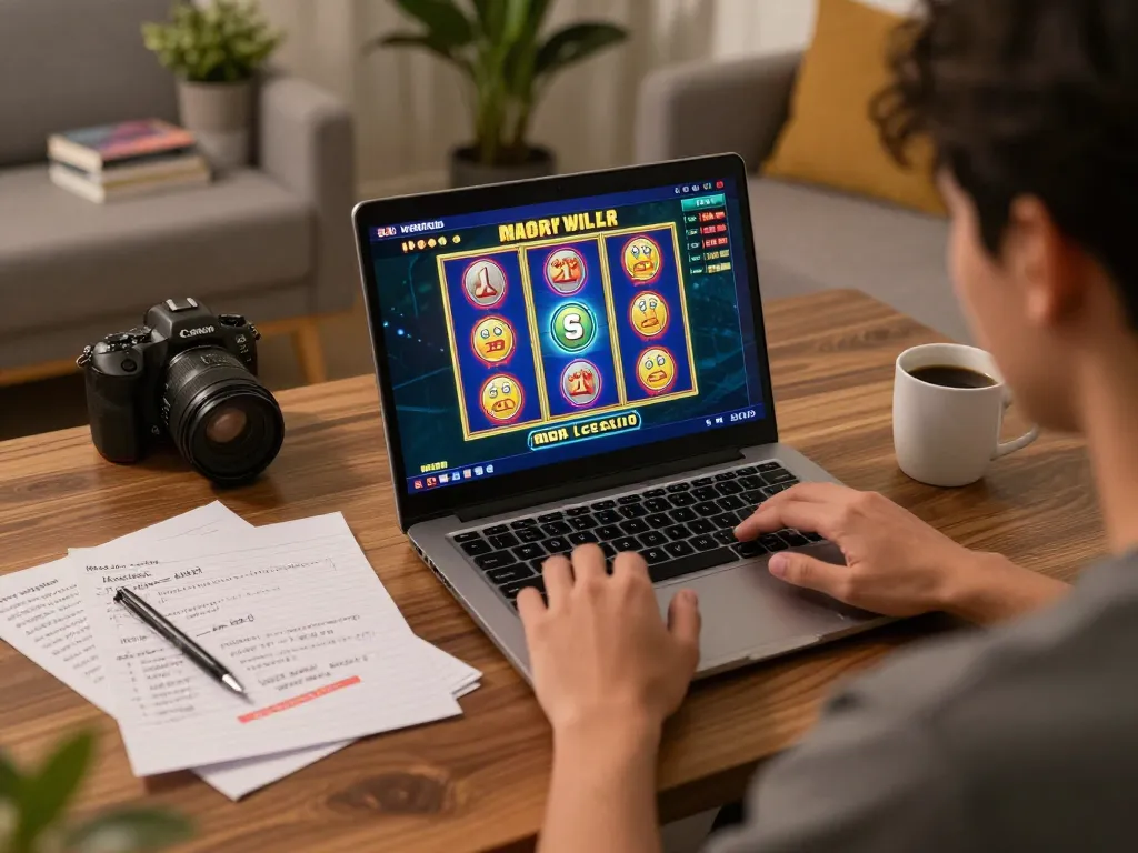 Engaging with slot gacor games on a laptop, showcasing vibrant online gameplay in a cozy setting