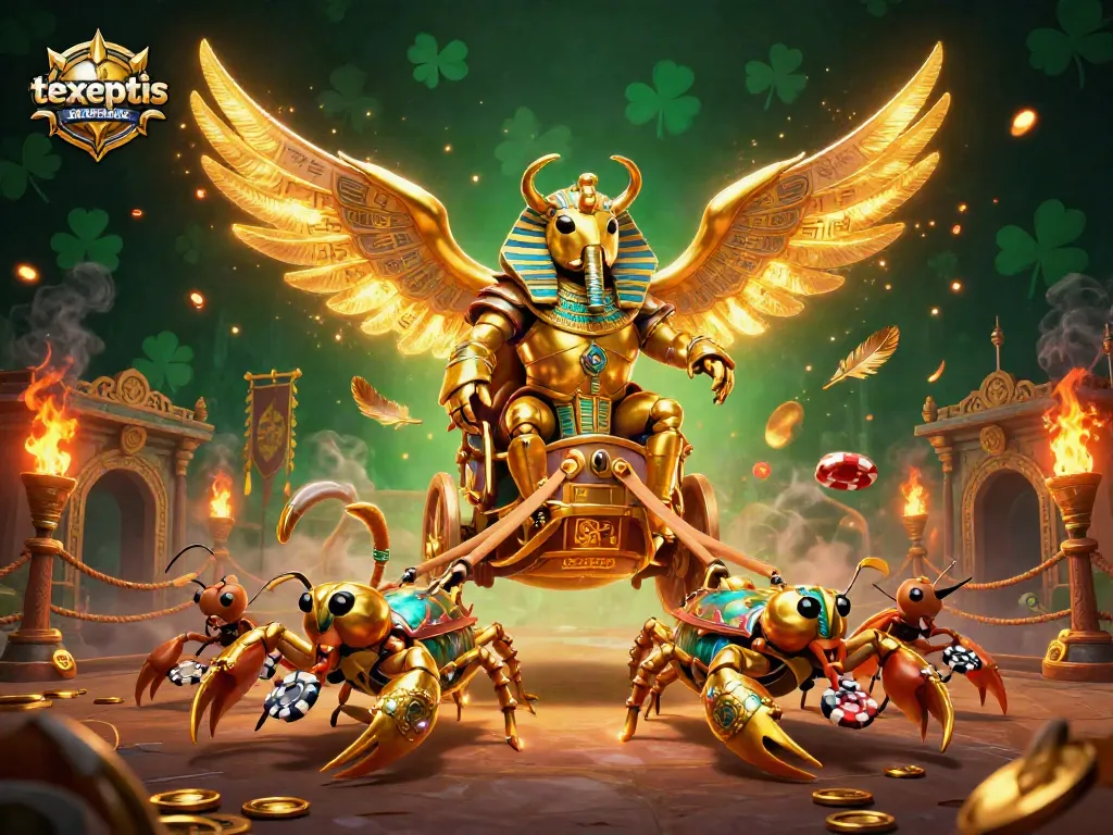 Engage with the vibrant world of texpertis, where a pharaoh scarab leads an epic gambling battle.