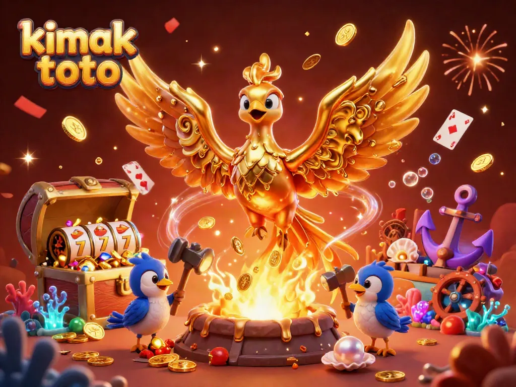 Engage with kimak toto's exciting slot reels and molten gold phoenix in this captivating 3D illustration.