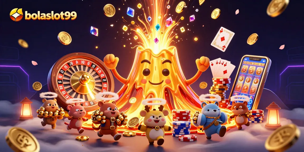 Engage with the thrilling world of bolaslot99, featuring golden volcanoes and vibrant casino elements.