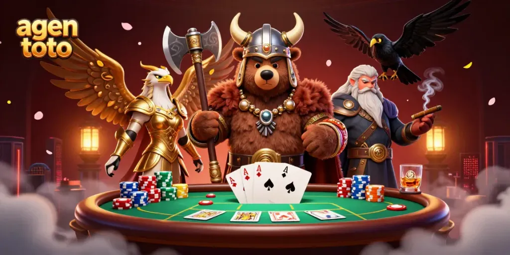 Menghadirkan agen toto, beruang viking dengan kapak bertarung di panggung kasino yang dikelilingi oleh chip poker yang berwarna-warni.