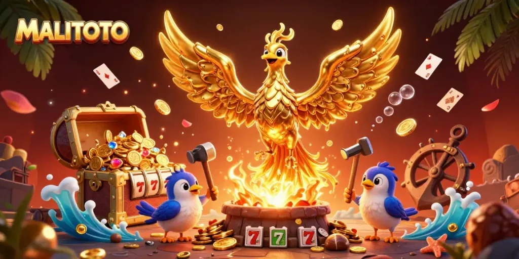 MALITOTO showcases a golden phoenix surrounded by coins, slot reels, and vibrant casino elements.