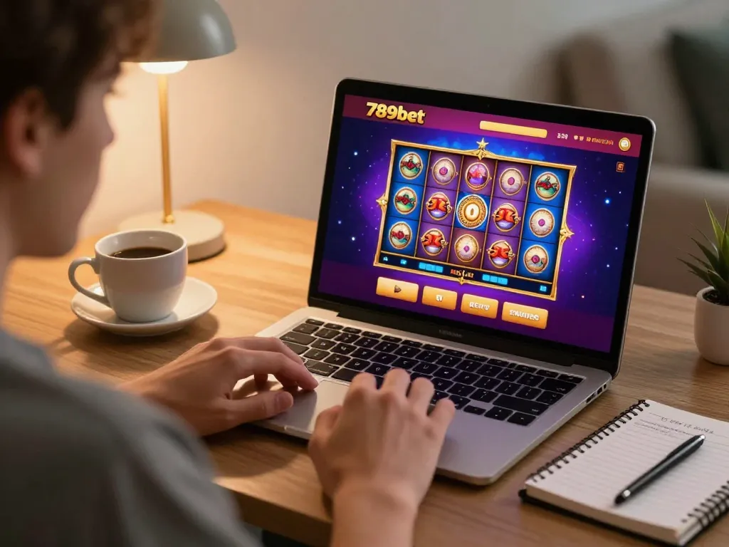 Engaging with 789bet casino platform on tablet, cozy gaming atmosphere.