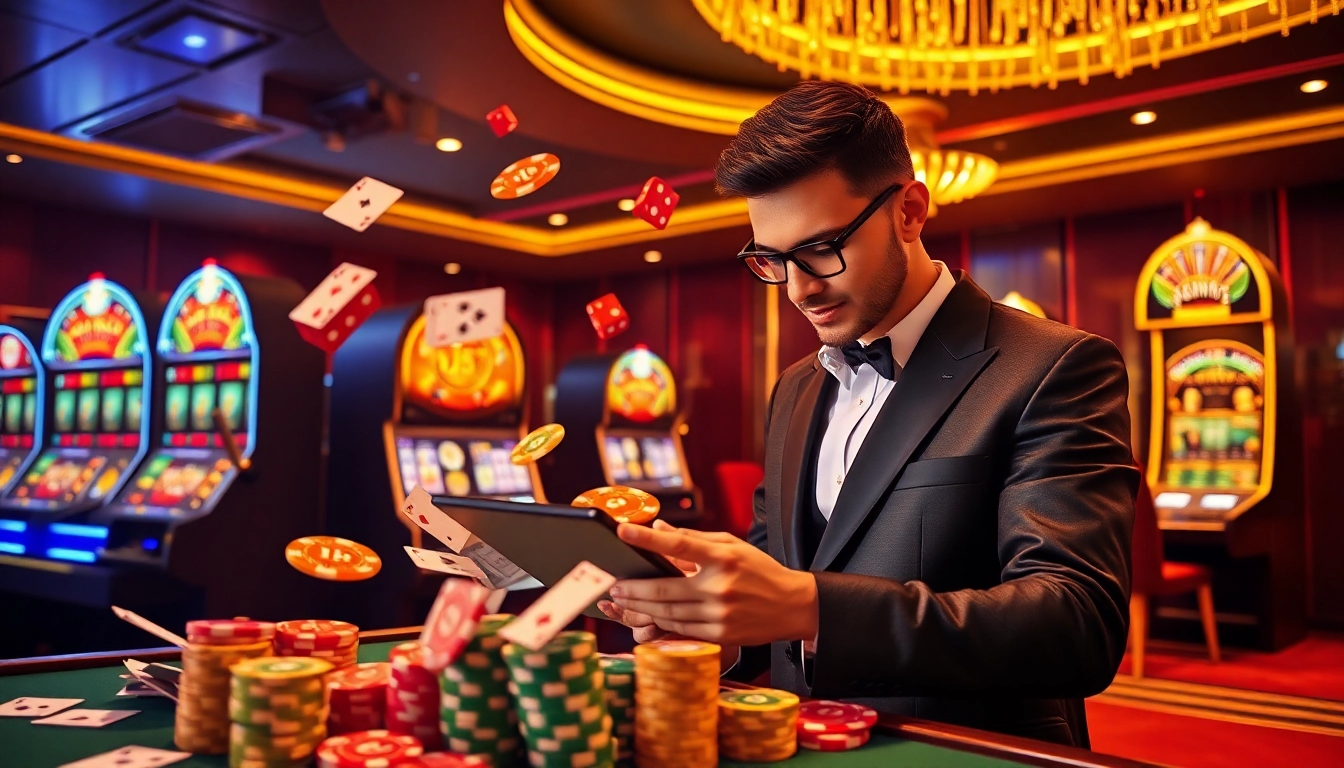 Experience the excitement of gambling with trang chủ tt88, featuring slot machines and poker chips in a luxurious casino setting.
