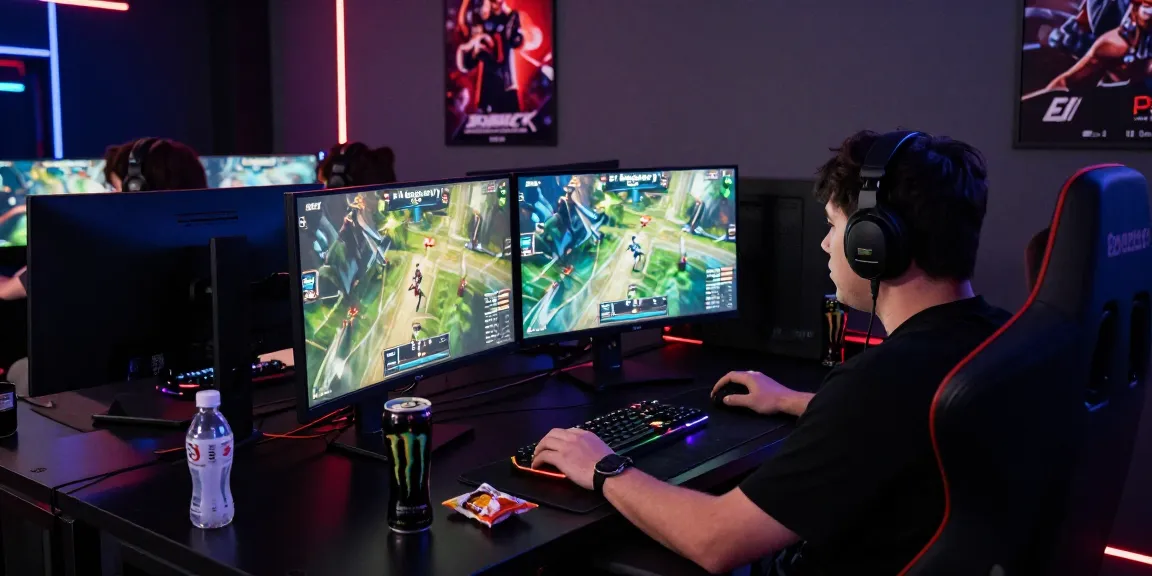 Gamer berlatih ligagalaxy di setup gaming modern dengan suasana fokus dan energik.