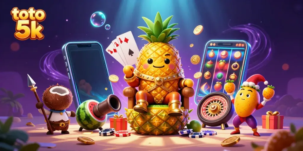 Engage with toto 5k in a vibrant, dynamic cartoon scene featuring diverse casino elements.