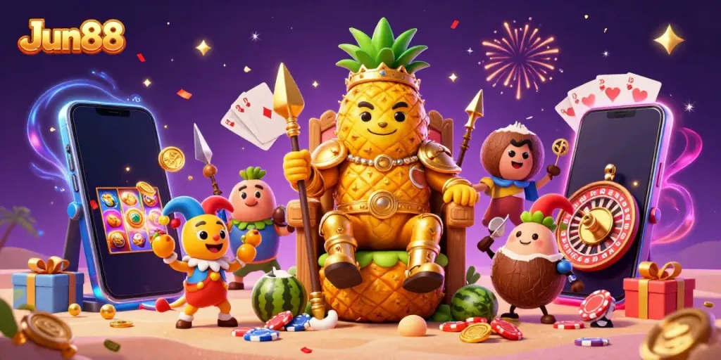 Join the excitement at Jun88 with a vibrant casino scene featuring characters and gaming action.