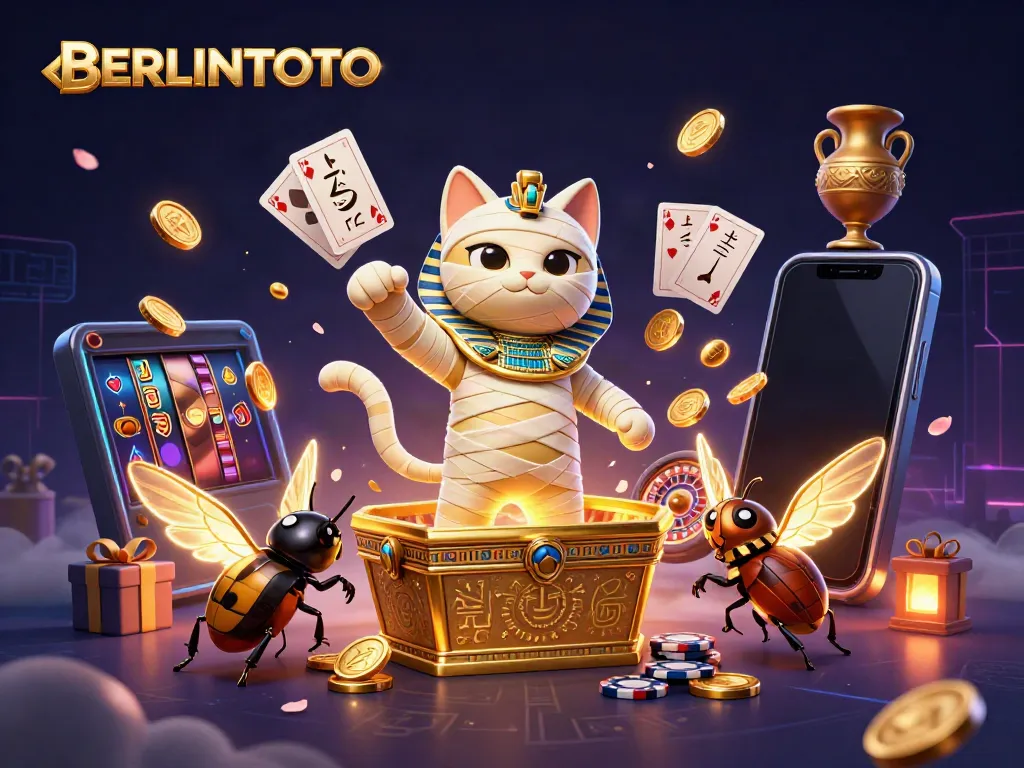 Experience the thrill of BERLINTOTO with a dynamic scene of slot games and a mystical Egyptian theme.