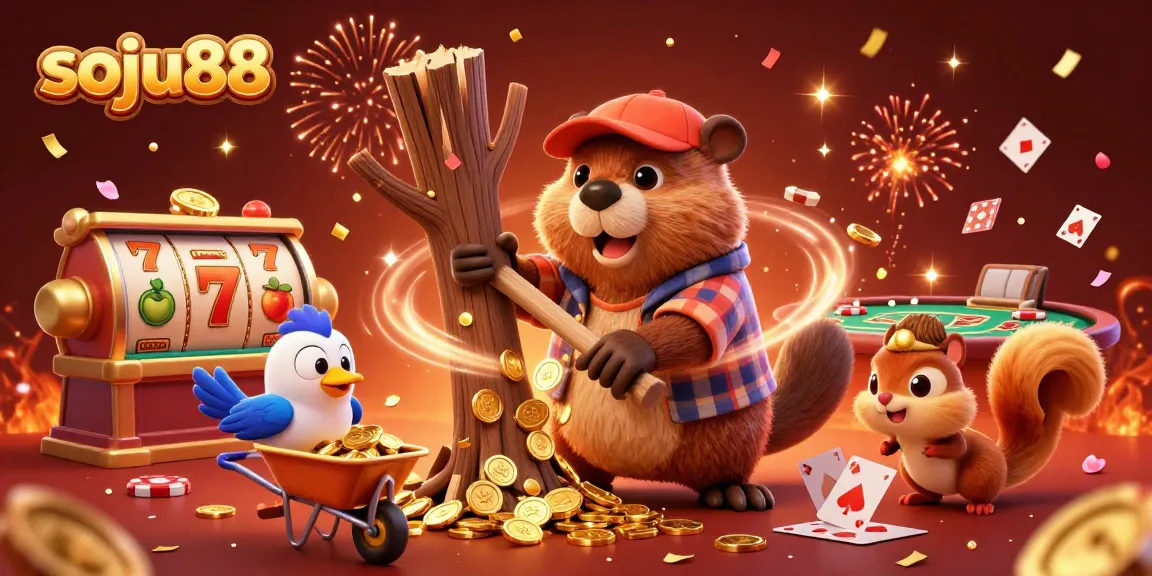 Charming scene with soju88 featuring a playful beaver and friends celebrating casino wins in a vibrant setting.