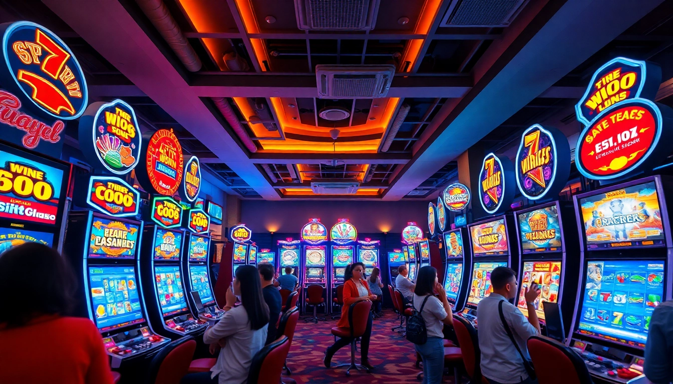 Slot games in a vibrant online casino environment filled with colorful machines and excited players.