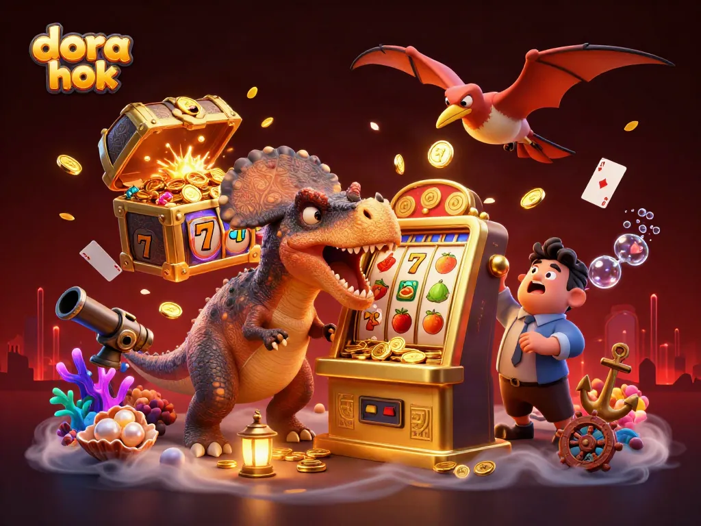 Gali kemenangan dengan dora hok sambil melihat slot mesin emas mengeluarkan koin jackpot.