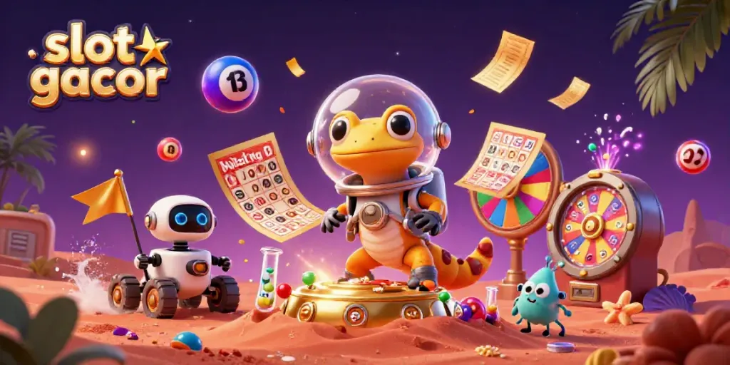 Slot gacor yang mengasyikkan dengan gecko Martian dan elemen permainan kasino yang meriah.
