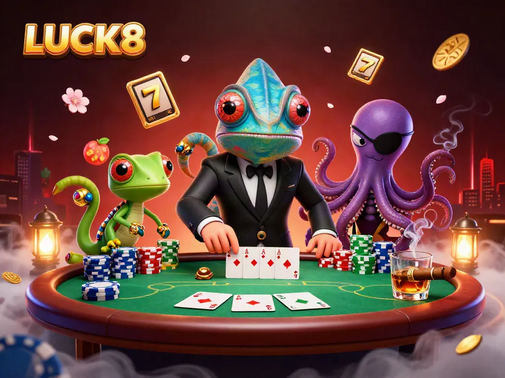 LUCK8's engaging casino scene showcases a secret agent chameleon and friends amid poker elements.