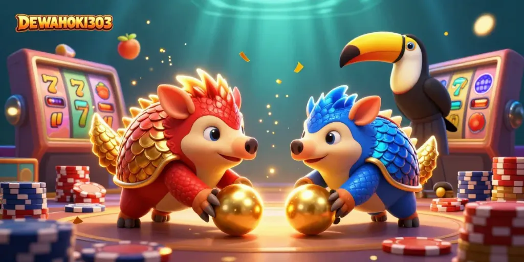 DEWAHOKI303 menghadirkan pangolin beraksi dalam permainan slot dengan simbol buah dan jackpot.