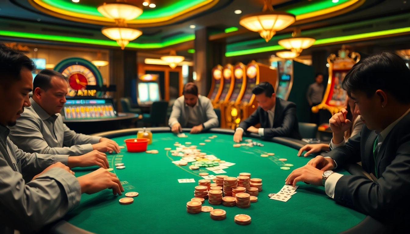 Feel the excitement of qq dewa poker at a vibrant casino table with players engaged in the game.