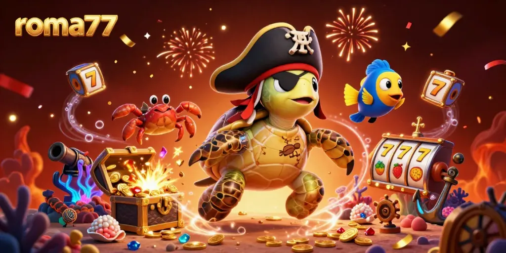 Slot roma77 dengan kura-kura bajak laut, kepiting, dan ikan berhias di latar belakang harta karun bawah laut