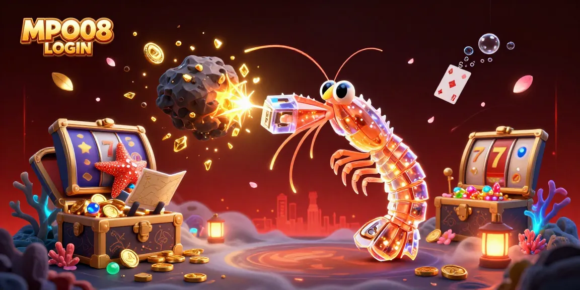 MPO08 LOGIN showcases a vibrant 3D illustration of a mantis shrimp and starfish in a casino-themed setting.