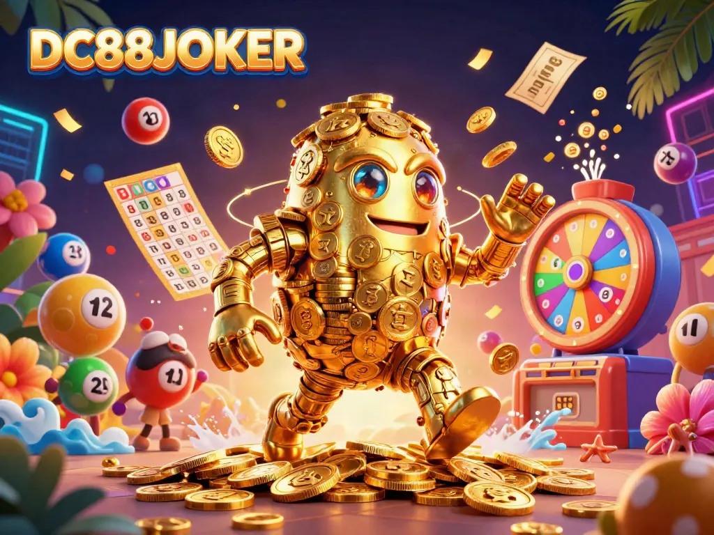 Experience high-energy DC88JOKER gaming with a golden golem and colorful lottery elements in this dynamic scene.