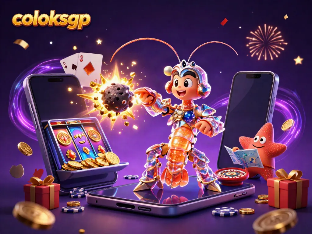Permainan slot seru dengan coloksgp, mantis, dan bintang navigator bersama elemen kasino yang berkilauan.
