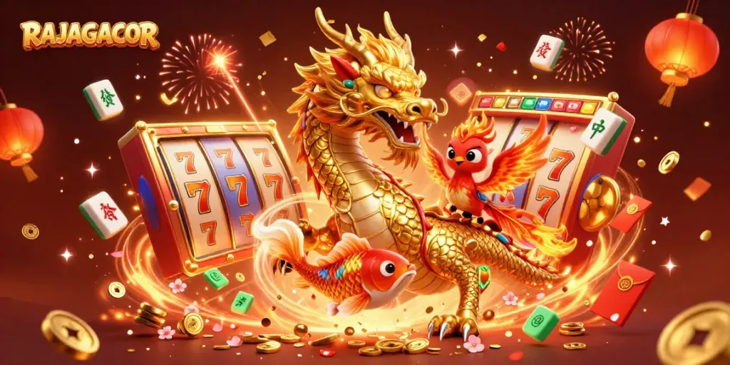 RAJAGACOR menghadirkan ilustrasi 3D slot gacor yang memukau dengan naga emas, burung phoenix, dan ikan koi membawa keberuntungan.