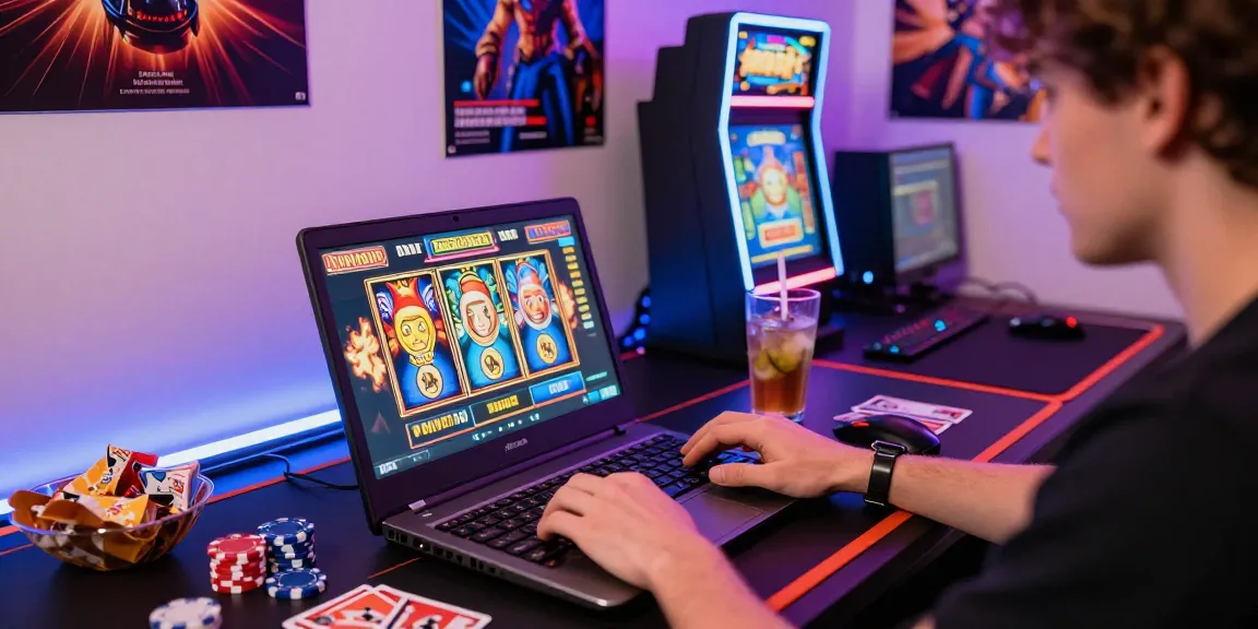 NAGAHITAM303 menunjukkan pemain slot online fokus bermain dengan grafik warna-warni di laptop.