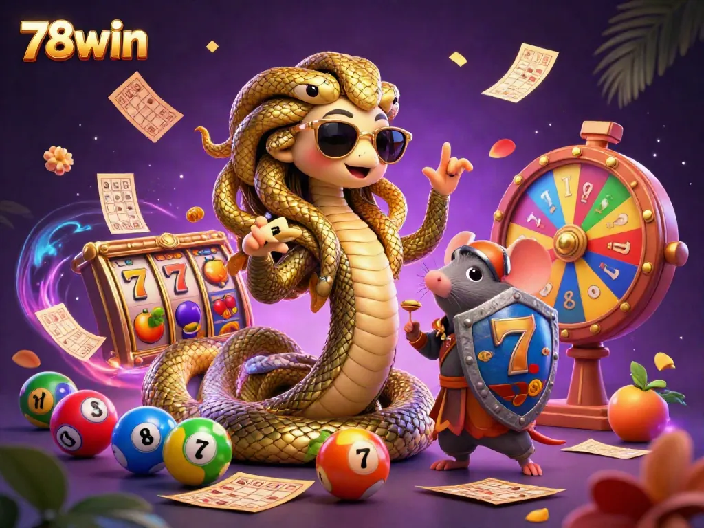 Engage in thrilling casino action with 78win, featuring a friendly Medusa and warrior mouse surrounded by colorful slot elements.