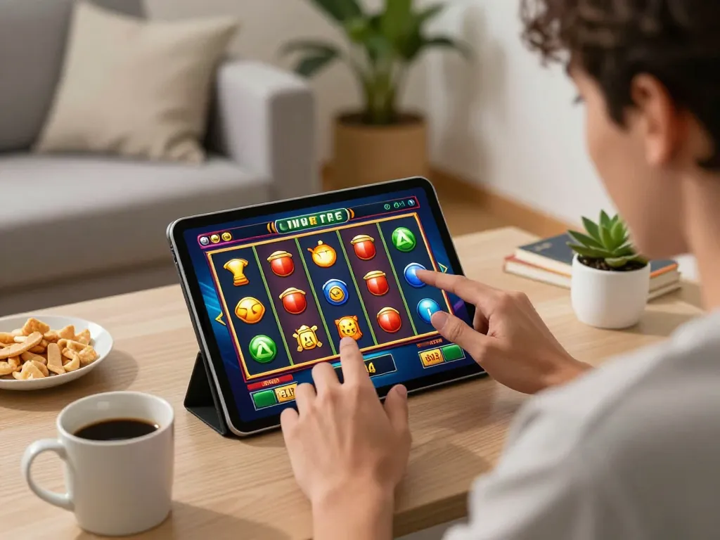 IDCJOKER player enjoying slot games on tablet in a cozy home setting with vibrant display