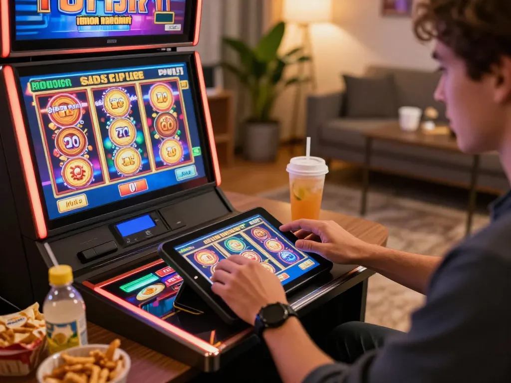 Engaging player enjoying BERLIAN889 slot games on a tablet in a stylish home setting.