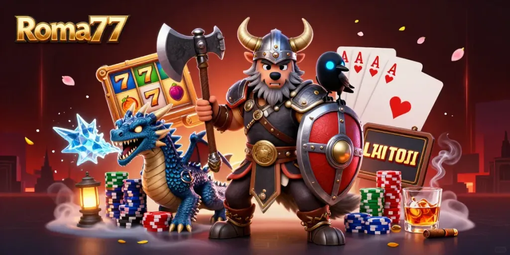 Experience Roma77 with a vibrant Viking, dragon, and raven among slot reels and poker elements.