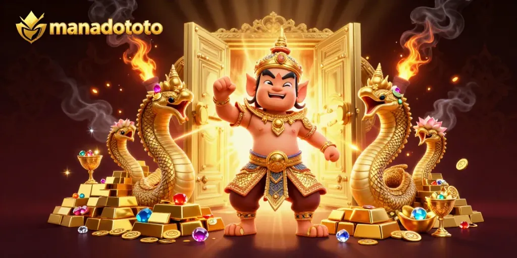 Engage with thrilling games at manadototo, featuring vibrant 3D illustrations of jackpots and casino excitement.