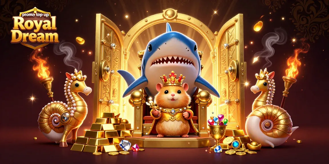 Engage in the promo top up Royal Dream with a golden hamster king surrounded by treasure and seahorse guards.