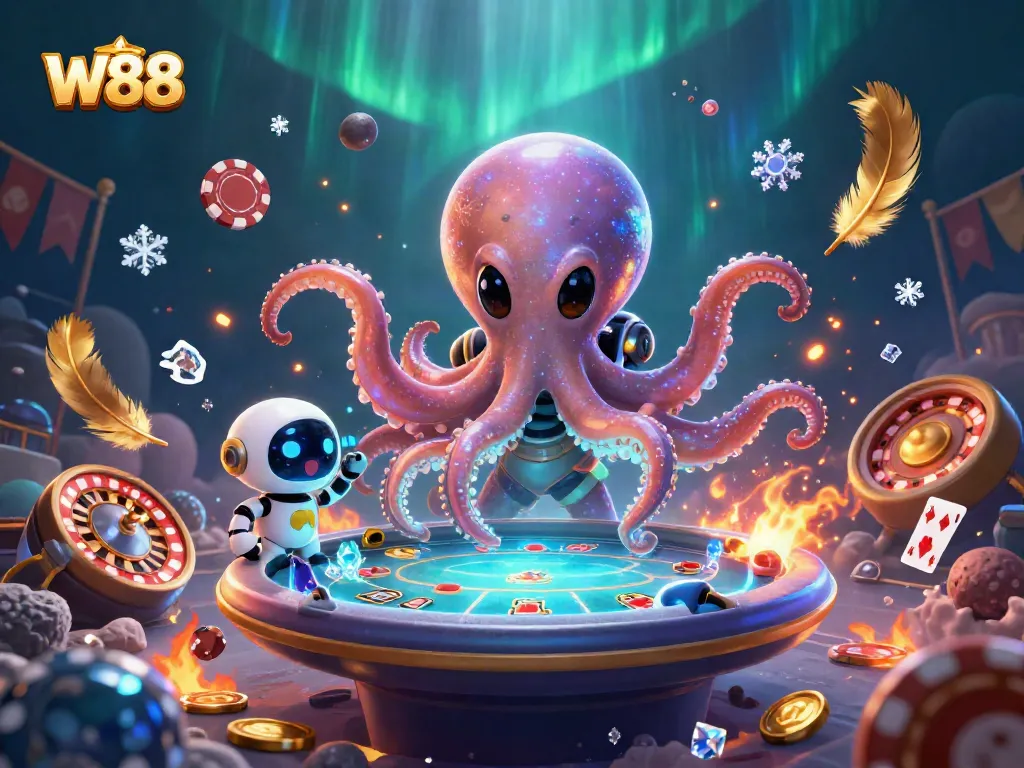 Experience W88 with an alien octopus dealer at a holographic poker table in a vibrant casino.