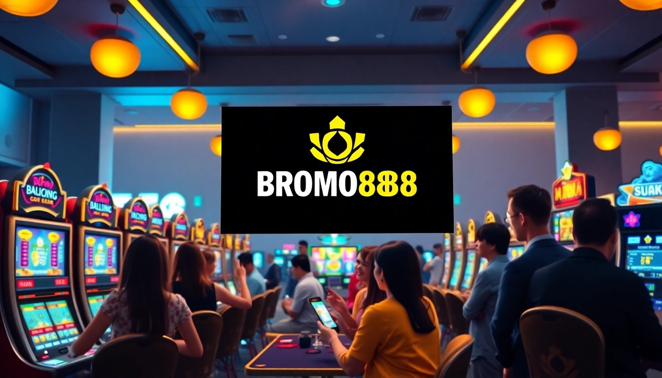 BROMO888 online slot gaming scene with diverse players enjoying vibrant slots, embodying fun and engagement.