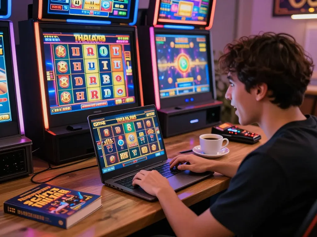 Engaging gameplay on slot Thailand with a player immersed in an online slot game, showcasing an exciting home gaming environment.