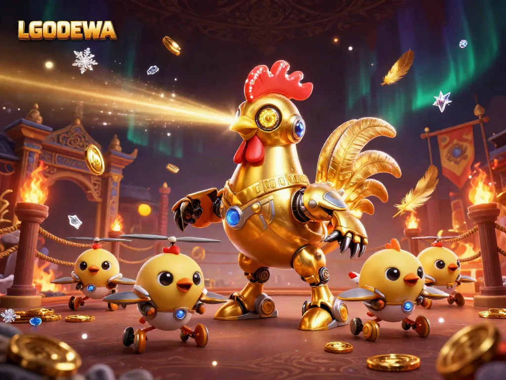 Engage with LGODEWA's thrilling gaming experience featuring a futuristic golden rooster robot and baby chick drones.